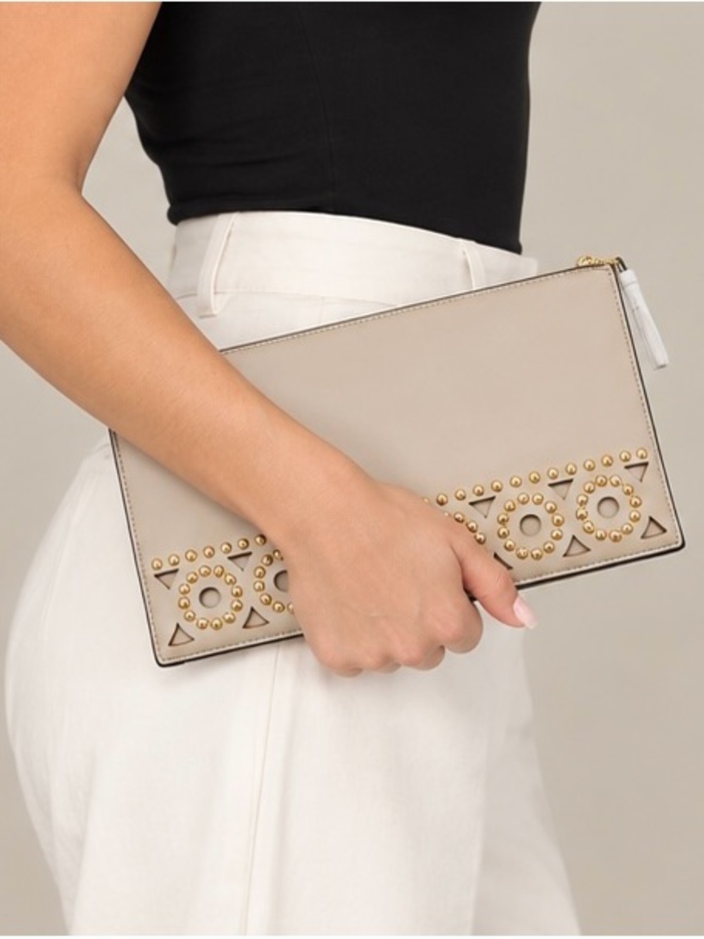 Christian Lacroix Beige Leather Clutch with Gold Studs